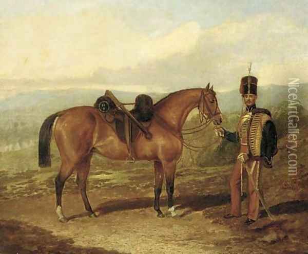 A hussar with his mount in an extensive landscape Oil Painting - Samuel Spode