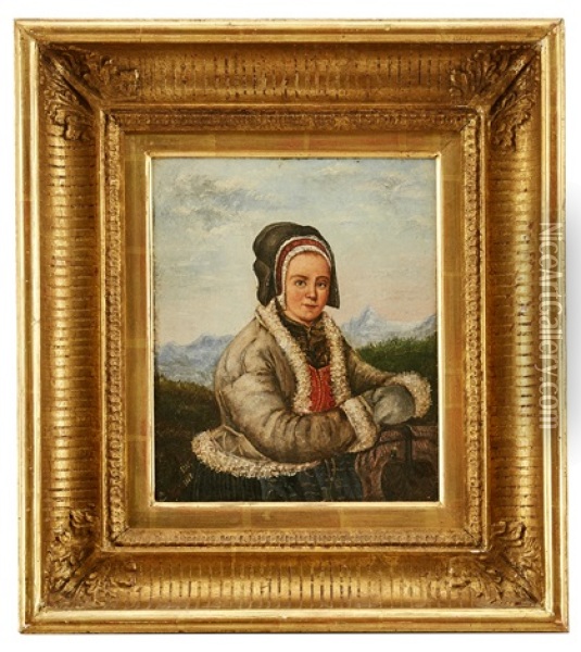 Landskap Med Kvinna I Folkdrakt Oil Painting - Josef Wilhelm Wallander