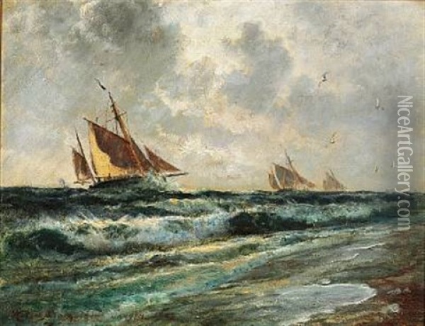 Seascape With Sailing Ships Off The Coast Of Skagen, Harsh Weather Oil Painting - Holger Henrik Herholdt Drachmann