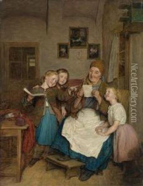 Grandmother With Three Granddaughters Oil Painting - Ferdinand Georg Waldmuller