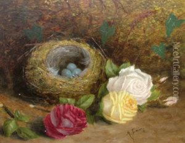Still Life Of A Birds Nest And Roses Oil Painting - Mary Ensor