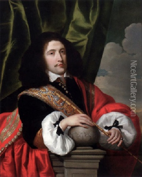Portrait Of A Civic Guard In A Black Coat With A Red Cloak, A Riding Whip In His Left Hand, Leaning On A Ledge Oil Painting - Lodewyck Van Der Helst