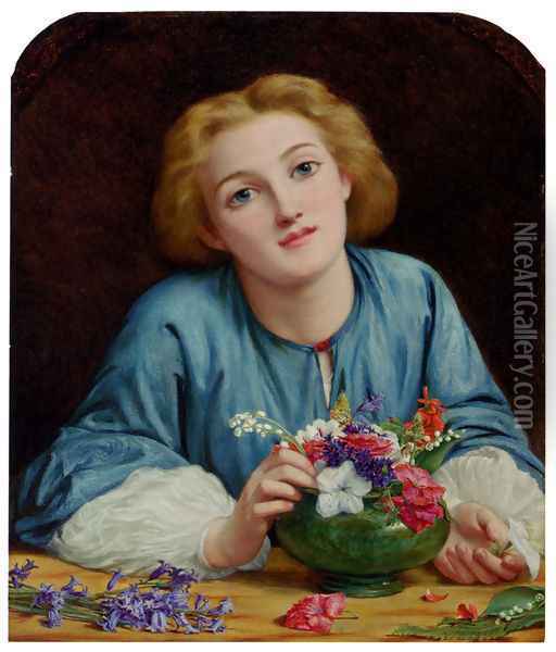 A Young Girl Arranging A Bouquet Oil Painting - Henry Wallis