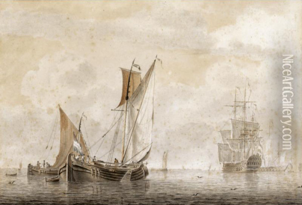 Small Vessels On A Calm Sea, With Two Yachts In The Distance Oil Painting - Cornelis De Grient