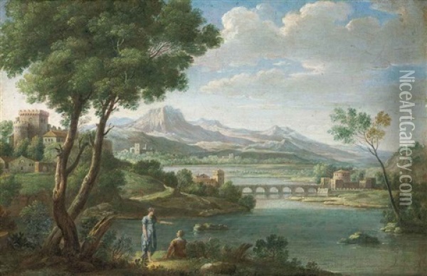 An Italianate Landscape With Figures Resting, A Fortress, Bridge And Mountains Beyond Oil Painting - Hendrick Frans van Lint