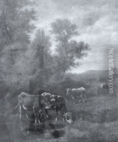 Pastoral Landscape With Cows In River Oil Painting - Thomas Bigelow Craig