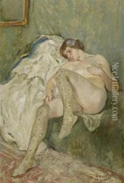 Reclining Female Nude Oil Painting - Otto Vautier