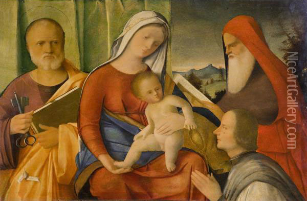 Madonna Col Bambino, San Pietro, Un Altro Santo (girolamo?) E Il Committente Oil Painting - Francesco Bissolo