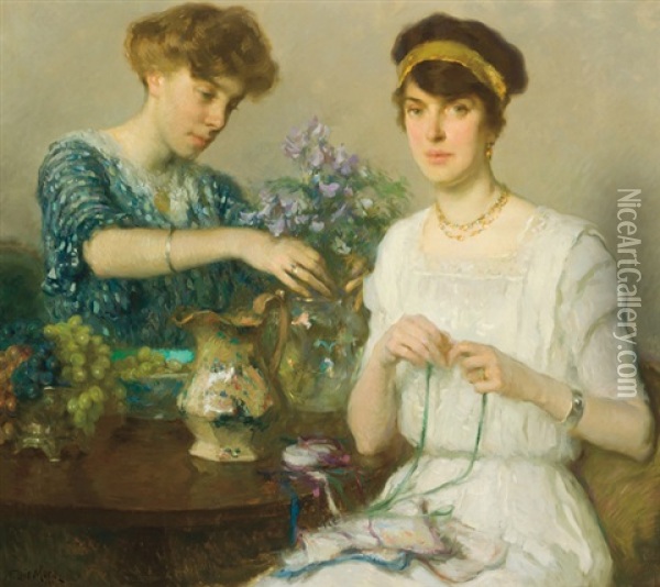 The Artist's Wife And Her Sister Arranging Flowers Oil Painting - Francis Luis Mora