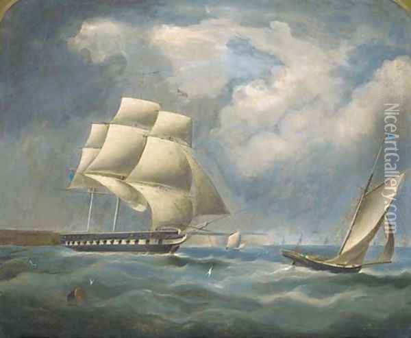 A frigate under reduced rig in the Channel Oil Painting - Thomas Buttersworth