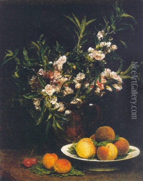 Nature Morte (balsamines, Peches Et Abricots) Oil Painting - Henri Fantin-Latour