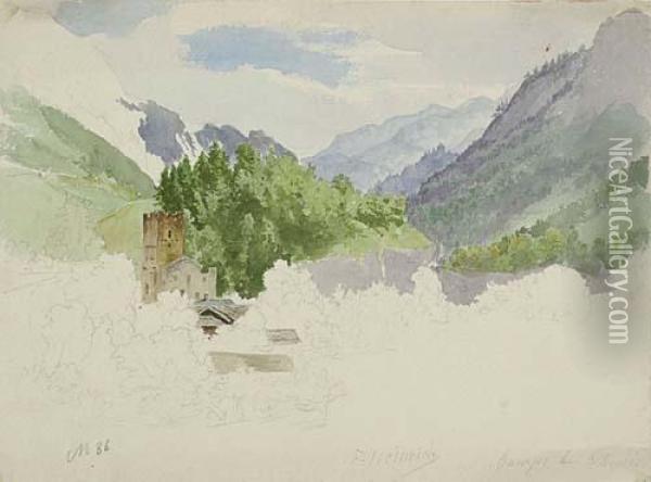 A Mountainous Landscape With A Small Town In A Valley Oil Painting - Heinrich Franz