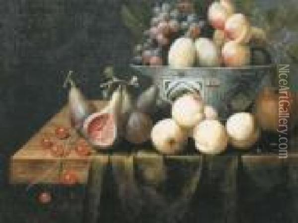 Grapes And Peaches In A Wan-li 
Bowl With Cherries, Figs, Peaches And A Pomegranate On A Partially 
Covered Table Oil Painting - Frans Van Everbroeck