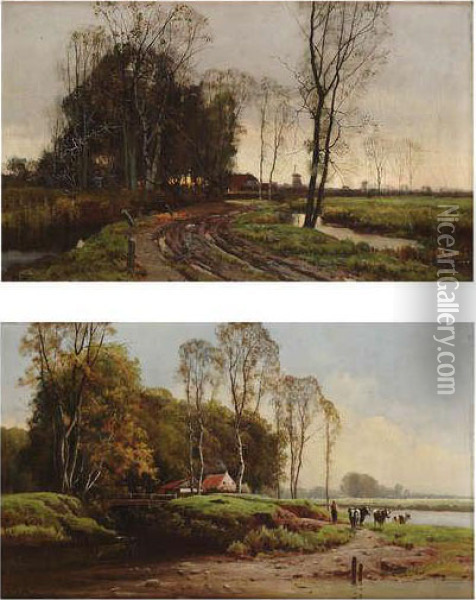 Landschap Met Landweggetje En Figuurbij Boerderij En Molen. Oil Painting - Ferdinand De Prins