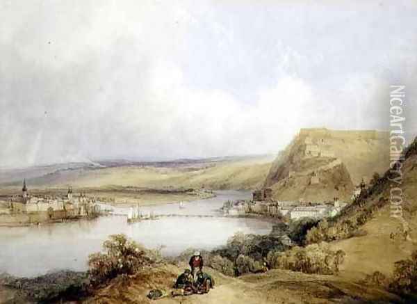 Ehrenbreitstein and Koblenz from the Heights of Pfaffendorf, 1839 Oil Painting - William Callow