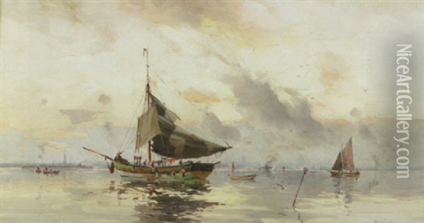 Segelskuta Pa Redden - I Fonden Stadssiluett Oil Painting - Herman Gustav af Sillen