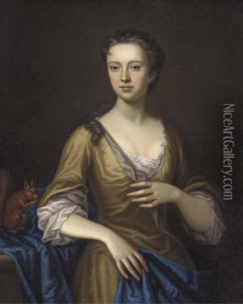 Portrait Of Margaret Aldersey, Three-quarter-length, In A Yellowdress And Blue Wrap, A Sqirrel By Her Side Oil Painting - James Fellowes