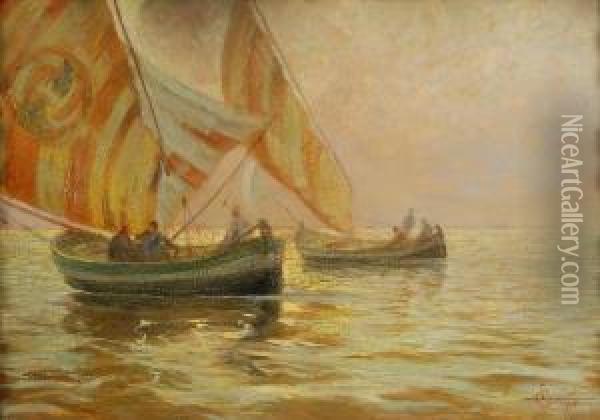 Marina Al Tramonto Con Pescatori Oil Painting - Ludovico Cavaleri
