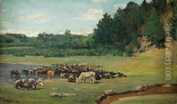 Landscape With Cows Oil Painting - Nikolay Khokhryakov