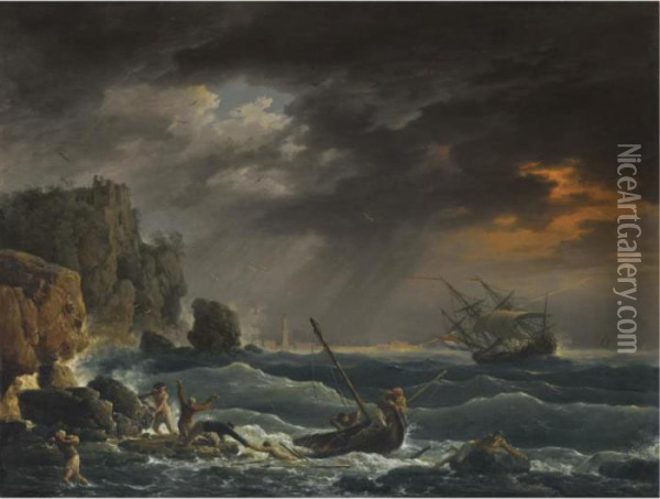 A Mediterranean Coastal Scene With A Shipwreck Oil Painting - Claude-joseph Vernet