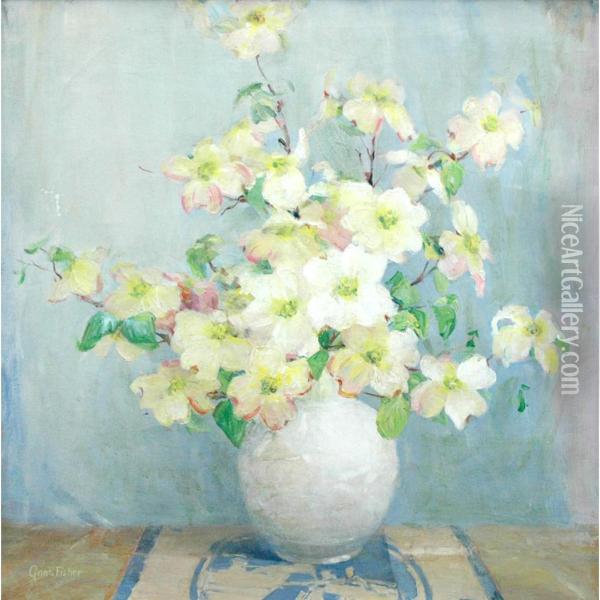 Still Life Of A Vase With White Flowers Oil Painting - Anna S. Fisher