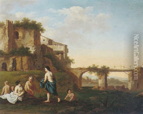 Nymphs Bathing In An Italianate Landscape Oil Painting - Cornelis Van Poelenburgh