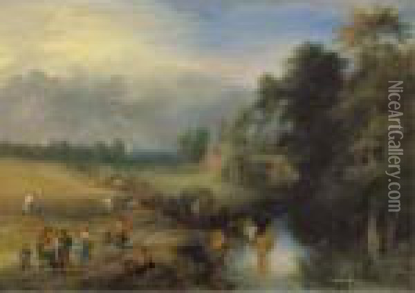 Landscape With Peasants 
Harvesting The Crop And A Herdsman Watering His Cows In A Passing Stream Oil Painting - Theobald Michau