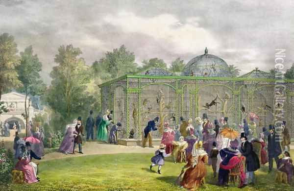 The Monkey House at the Zoological Gardens, Regents Park, engraved and pub. by the artist, printed by Charles Hullmandel 1789-1850, 1835 Oil Painting - George the Elder Scharf