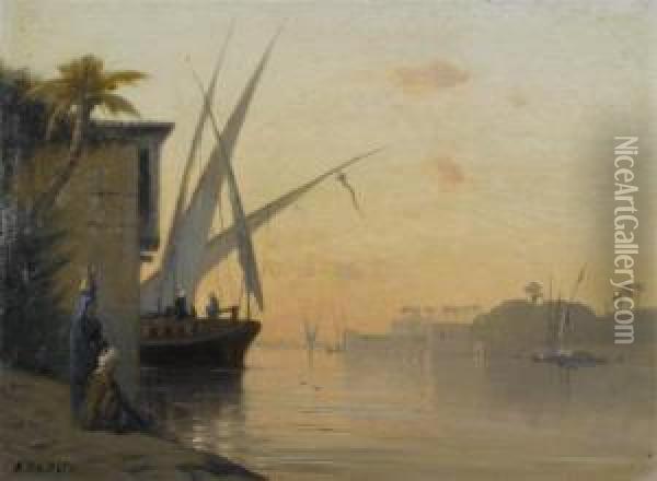 View Of The Nile And Cairo In Thebackground. Oil Painting - Auguste Louis Veillon