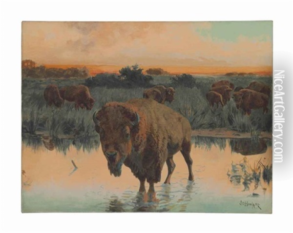 Group Of Buffalo At Edge Of A River Oil Painting - John Dare Howland