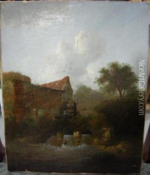 A Water Mill; And Figures On A Road Across A Heath Both Oil Painting - Charles I Morris