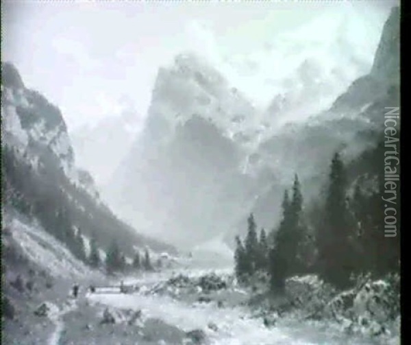 Gebirgslandschaft, Auf Dem Weg Sennerin,rechts Hohe,        Schneebedeckte Berge Oil Painting - Paula Bonte