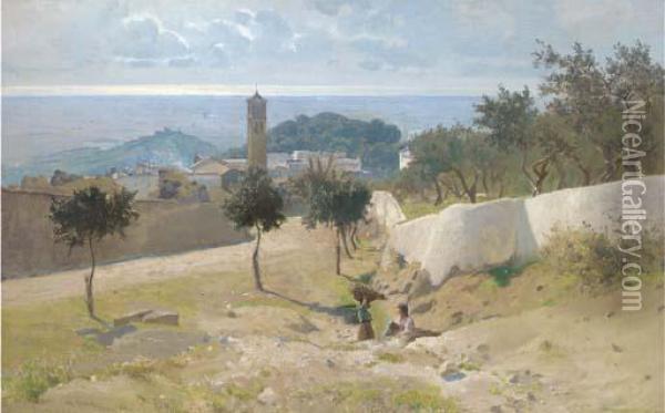 Picking Olives Above An Italian Village Oil Painting - Othmar Brioschi
