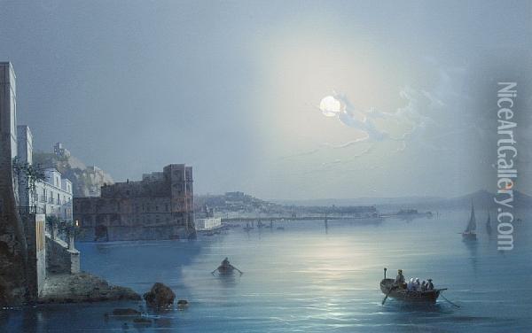The Bay Of Naples At Night With Vesuviuserupting Oil Painting - Konrad Corradi