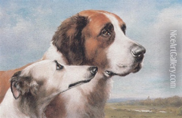 Zwei Hunde Vor Einer Weiten Landschaft Oil Painting - Carl Reichert