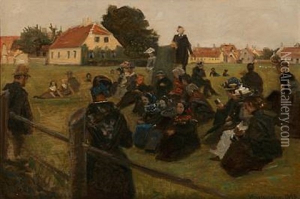 A Missionary Meeting In A Field Near Dragor Oil Painting - Viggo Johansen