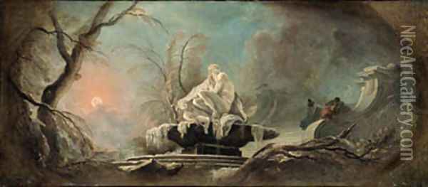 Winter a frozen fountain with figures on a staircase Oil Painting - Jacques de Lajoue