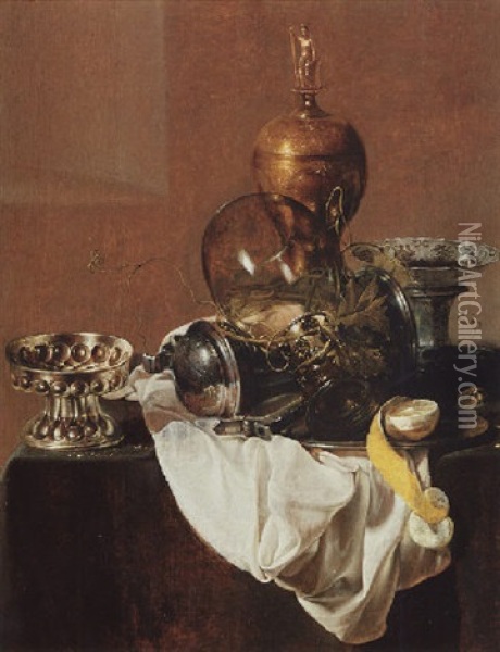 A Still Life Of Silverware, An Overturned Roemer, A Peeled Lemon On A Plate, A Blue And White Porcelain Bowl And An Ormolu Vase Oil Painting - Jan Jansz. Treck