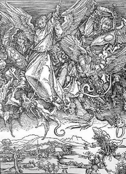 St Michaels Fight Against The Dragon Oil Painting - Albrecht Durer