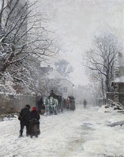 View Of A Street On The Outskirts Of Munich, Winter Oil Painting - Anders Andersen-Lundby