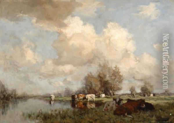 Cows By The Water'sedge Oil Painting - Johannes Karel Leurs