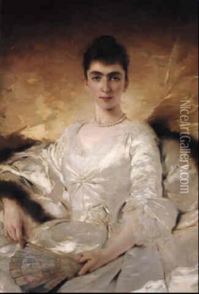 Portrait Of An Elegant Lady In White Oil Painting - Charles Joshua Chaplin