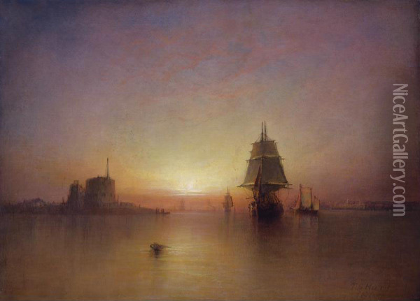 Shipping At Sunset Off A Coastal Fort Oil Painting - Thomas Gray Hart