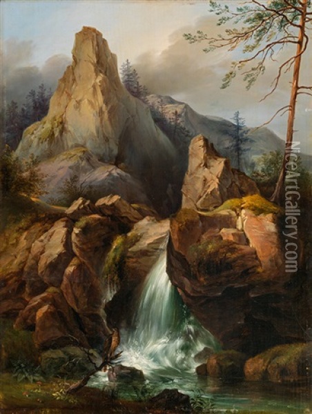 Mountainscape With A Waterfall Oil Painting - Vinzenz Kreuzer