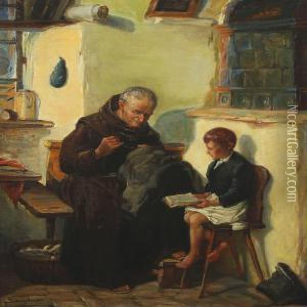 Reading Aloud To A Monk Oil Painting - Olaf Simony Jensen