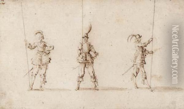 Three Soldiers, After Jacques Callot Oil Painting - Stefano della Bella