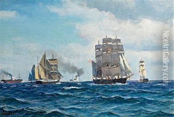 Ships In Open Sea Oil Painting - Holger Luebbers