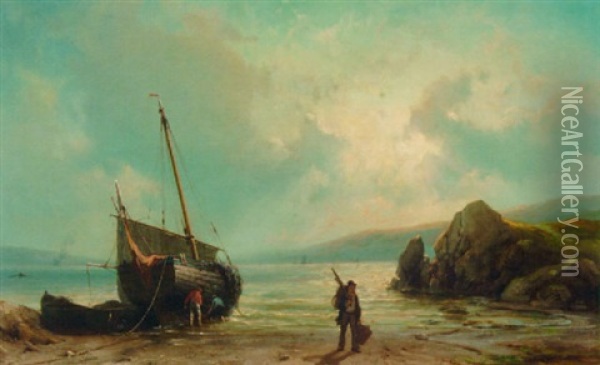 A Beached Fishing Boat Oil Painting - Johannes Hermanus Barend Koekkoek