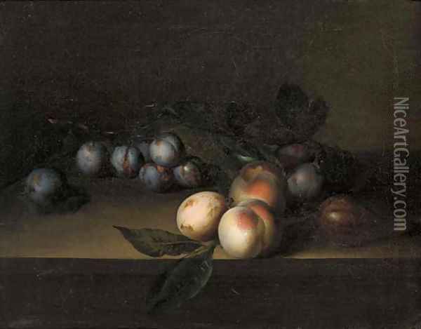 Plums, peaches and a fig, on a ledge Oil Painting - George William Sartorius