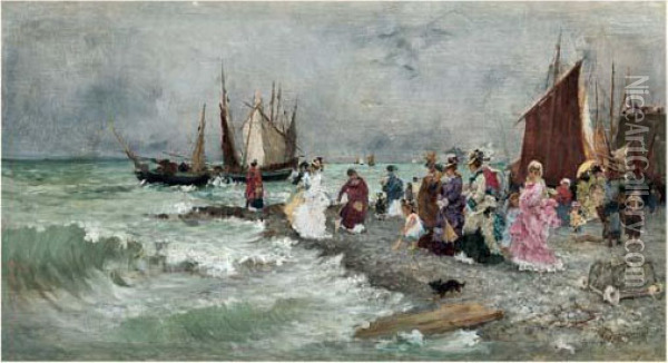 Elegantes Sur La Plage D'yport, Juillet 1894 Oil Painting - Armand Charnay